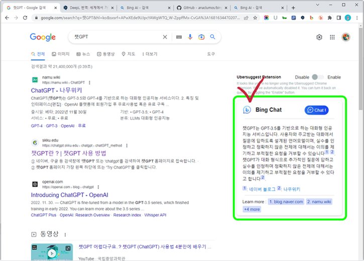 빙 챗GPT 확장 프로그램 Bing Chat 내부의 Google(GPT-4) 설치후 구글 검색시 빙 챗 검색결과 같이 노출